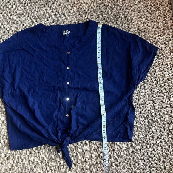 Anne Klein Blouse Button Front Tie Bottom Linen Blend Navy W/ Gold Buttons XL - Picture 6 of 8